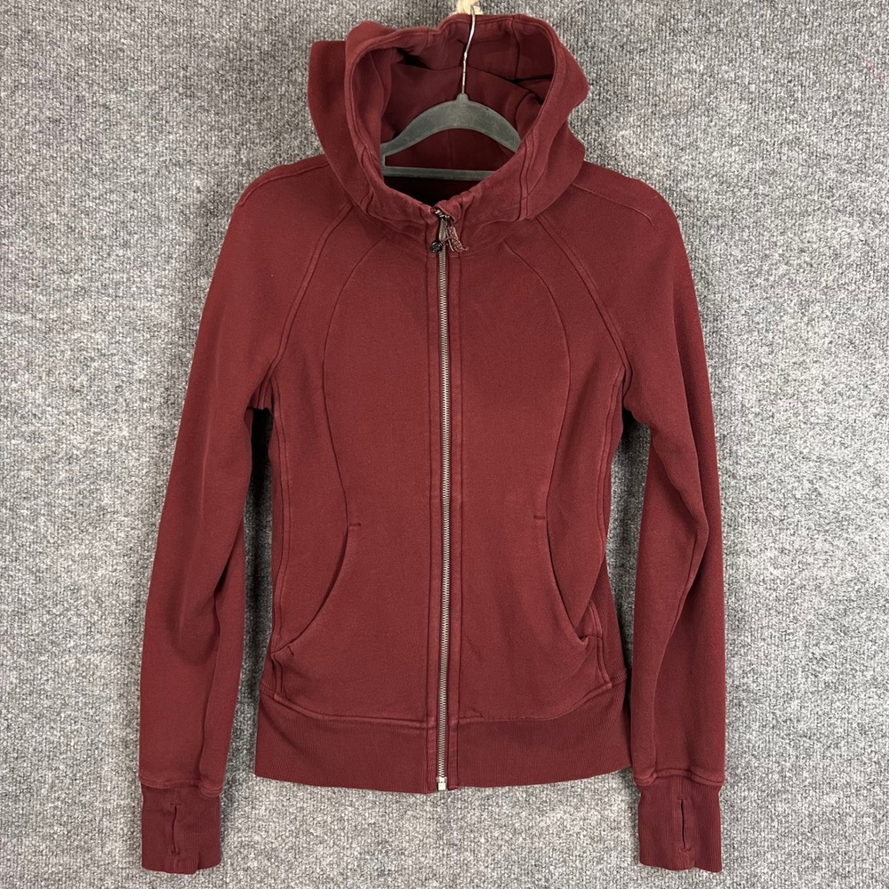 Lululemon Scuba Full Zip Hoodie Womens 2 Maroon Red Excellent Thumbholes Cotton